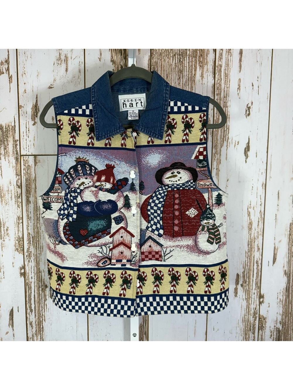 KEREN hart, Festive Snowman Vest - Blue and Cream. Size Medium. Excellent cond!